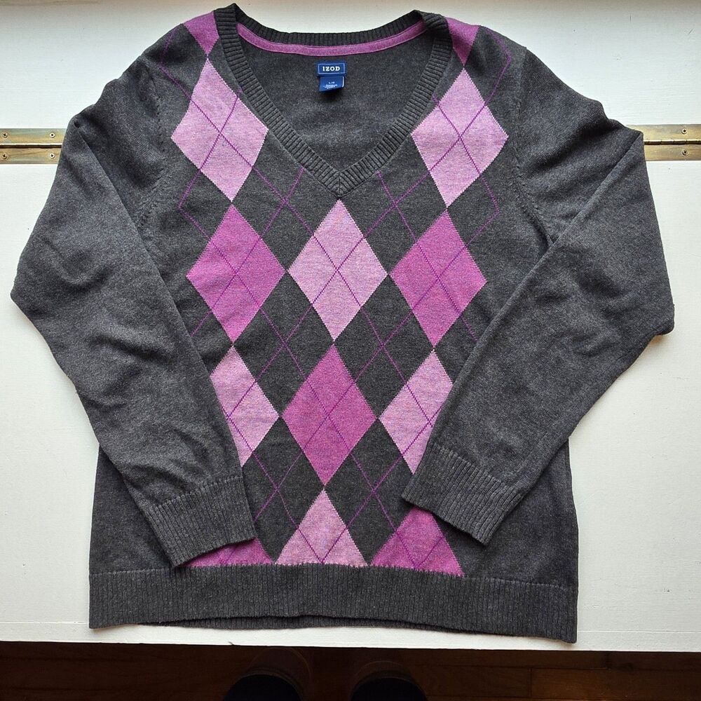 Izod Argyle Sweater Cotton Grey Purple Women's Preppy Classic V-Neck Normcore L